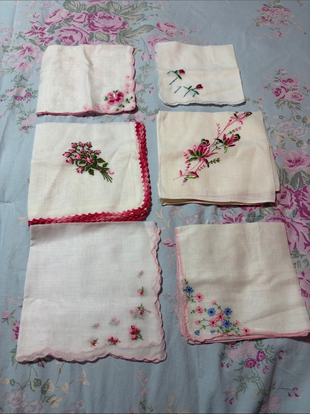 Embroidered Vintage White Linen Handkerchiefs with Pink Floral Accents